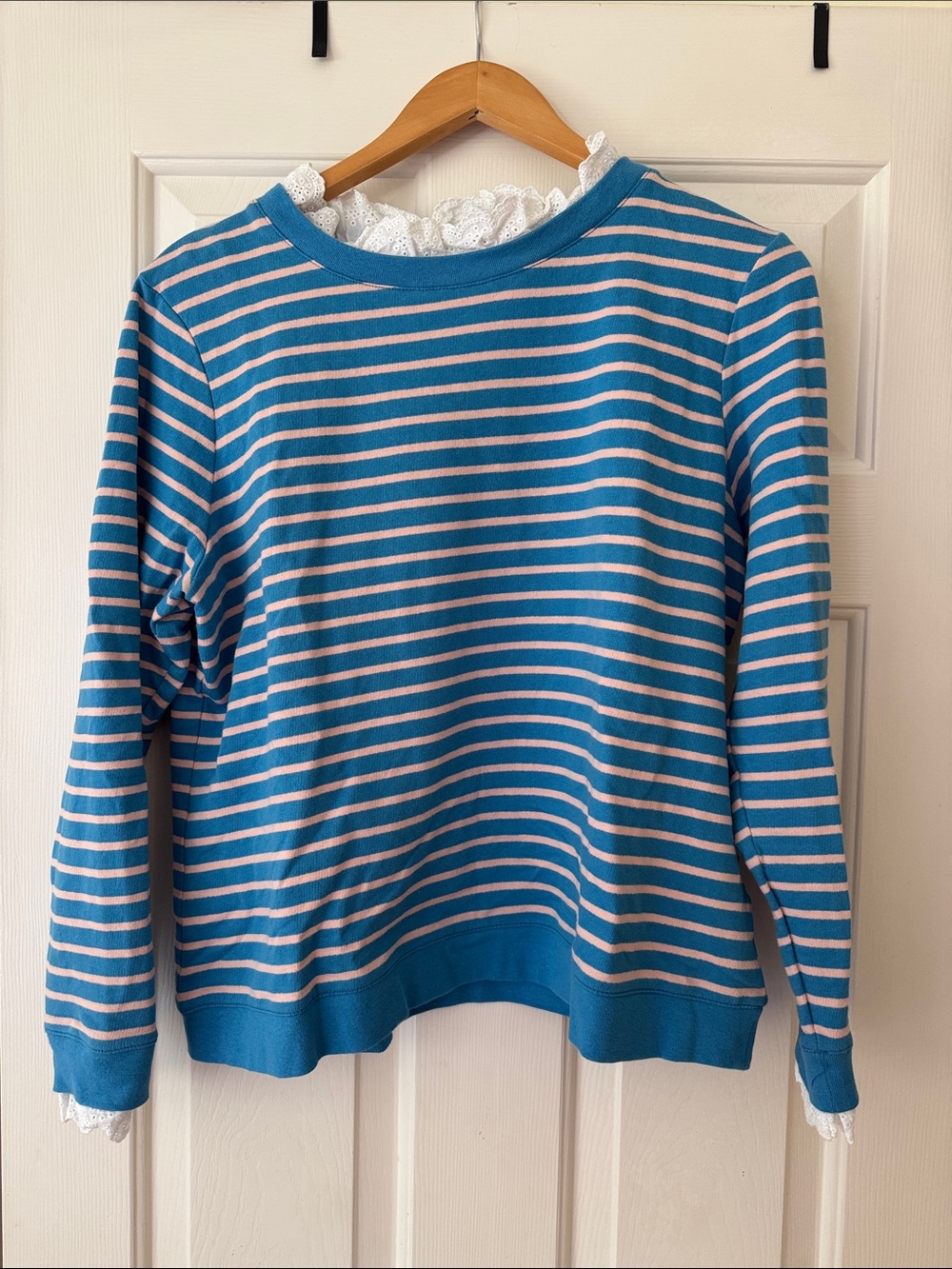 Boden Blue and Pink Striped Crewneck Sweater